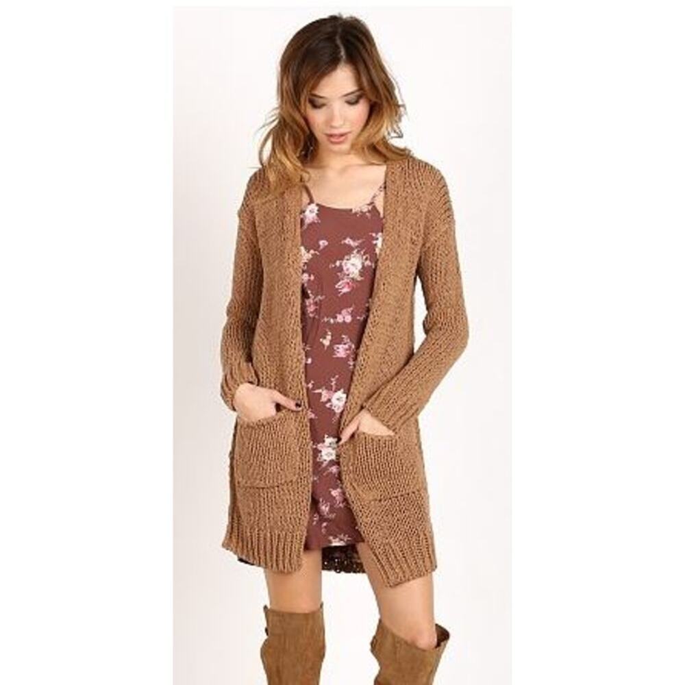 Free People Size XS Sienna Cardigan Acorn Brown Cotton Crochet Knit Open Front